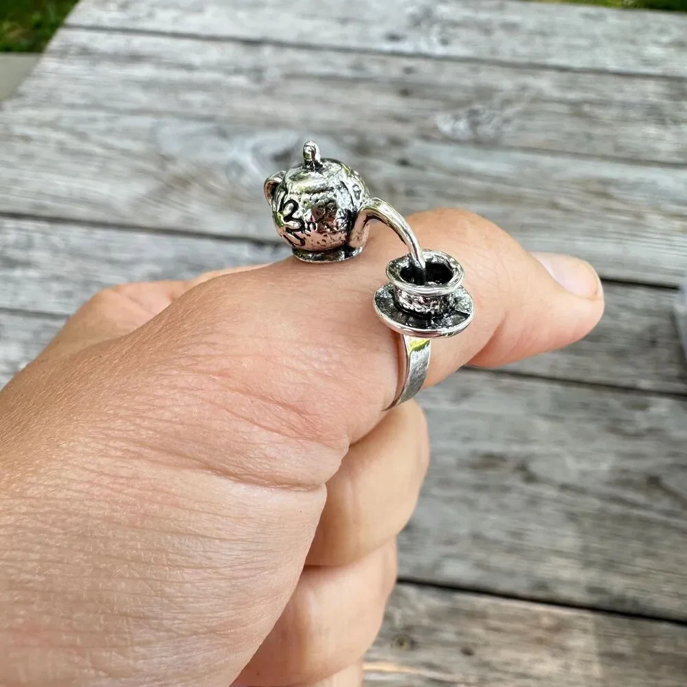 Silver Tone Tea Pot Ring  Tea Time Ring Unique Gift